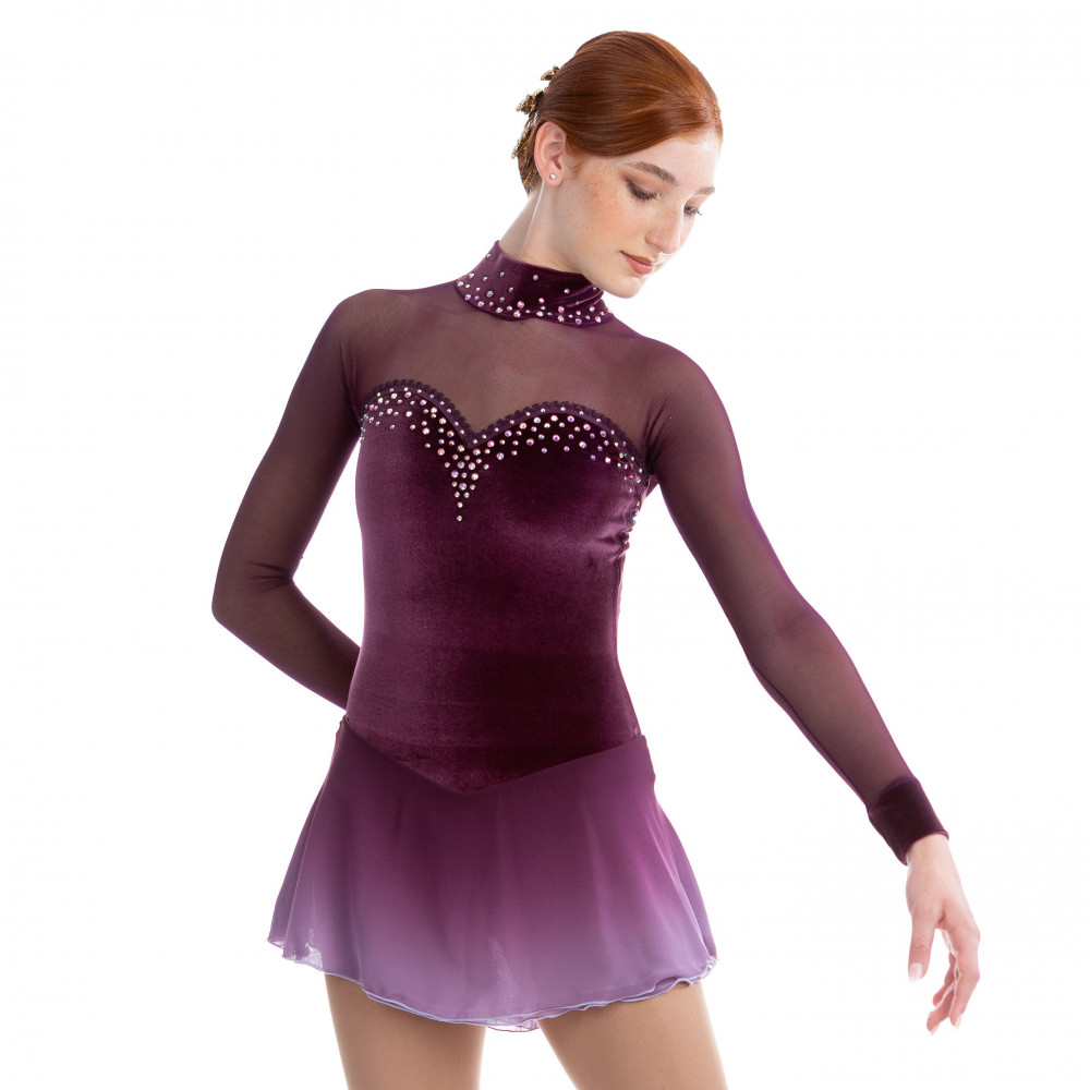 EliteXpression Figure Skating Dress „Classic Velvet Beaded“, plum